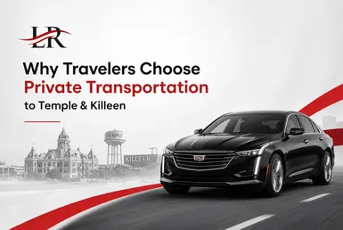 Black Cadillac sedan providing private Houston to Temple & Killeen car service with Lavish Ride branding.