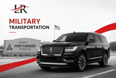 Black Lincoln Navigator providing military transportation service to Fort Cavazos with Lavish Ride branding.