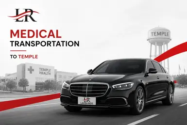Black Mercedes E-Class providing medical transportation to Temple with Lavish Ride branding and healthcare facilities in the background.
