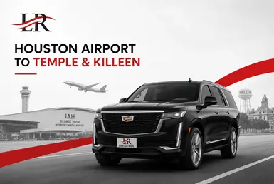 Black Cadillac Escalade providing Houston airport transfers to Temple and Killeen, featuring Lavish Ride branding, airport terminal backdrop, and luxury chauffeured transportation.