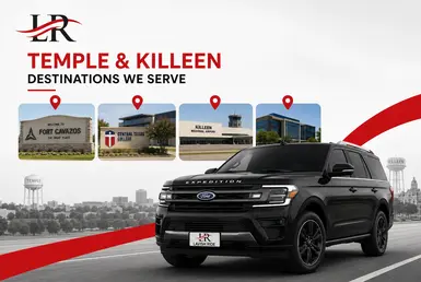 Black Ford Expedition serving Temple and Killeen destinations, including Fort Cavazos, Central Texas College, Killeen Regional Airport, and local business districts, with Lavish Ride branding.