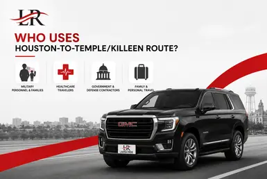 Black GMC Yukon providing Houston to Temple and Killeen transportation for military families, healthcare travelers, government contractors, and personal travel, featuring Lavish Ride branding.