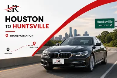 Black BMW sedan providing Houston to Huntsville transportation, featuring Lavish Ride branding and a direct highway route between the two Texas cities.