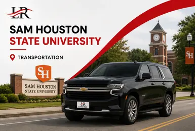 Black Chevrolet Tahoe providing transportation to Sam Houston State University in Huntsville, featuring Lavish Ride branding and a university campus backdrop.