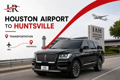 Black Lincoln Navigator providing Houston Airport to Huntsville transportation, featuring Lavish Ride branding, airport terminals, and luxury private transfer service.