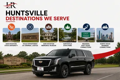 Black Cadillac Escalade serving Huntsville destinations, including Sam Houston State University, Texas Department of Criminal Justice, Sam Houston Memorial Museum, Huntsville State Park, and regional East Texas business connections, featuring Lavish Ride branding.
