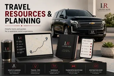 Travel resources and planning guides featuring a luxury SUV, route planning tools, travel schedules, and transportation information for seamless trip preparation.