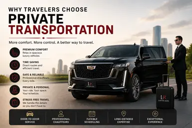 Private long-distance transportation featuring a luxury chauffeured SUV, highlighting comfort, privacy, reliability, and door-to-door travel service.