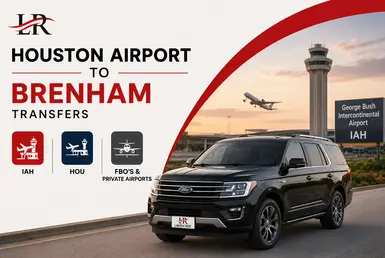Houston airport to Brenham transportation featuring a luxury Ford Expedition SUV, private jet, and professional chauffeur serving IAH, HOU, FBOs, and private airports.
