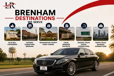 Black Mercedes S-Class providing transportation to Brenham destinations, including Blue Bell Creameries Visitor Center, Historic Downtown Brenham, Washington County event venues, local business districts, and regional Texas travel connections, featuring Lavish Ride branding.