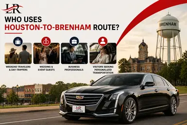 Black Cadillac luxury sedan providing Houston to Brenham transportation for weekend travelers, wedding guests, business professionals, and personalized private travel, featuring Lavish Ride branding.