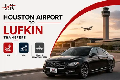 Black Lincoln Continental providing Houston Airport to Lufkin transfers from IAH, HOU, and private airports, featuring Lavish Ride branding and luxury transportation service.