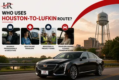 Black Cadillac sedan providing Houston to Lufkin transportation for business professionals, healthcare travelers, industrial teams, and private travelers, featuring Lavish Ride branding.