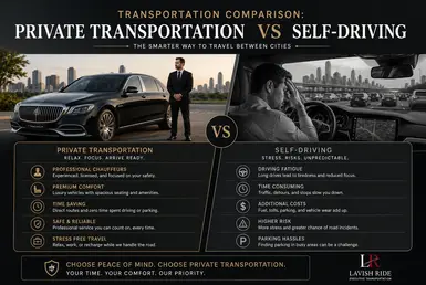 Private transportation vs self-driving comparison featuring a luxury Mercedes-Maybach sedan, highlighting the comfort, convenience, and efficiency of chauffeur-driven travel.