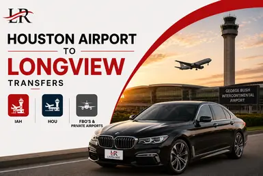Black BMW 7 Series providing Houston Airport to Longview transfers from IAH, HOU, and private airports, featuring Lavish Ride branding and luxury chauffeured transportation.