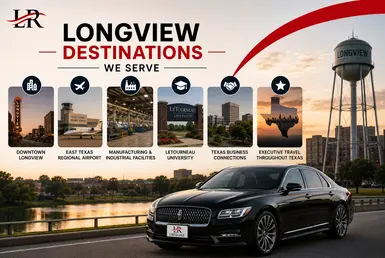 Black Lincoln Continental serving Longview destinations, including Downtown Longview, East Texas Regional Airport, LeTourneau University, industrial facilities, and Texas business travel connections, featuring Lavish Ride branding.