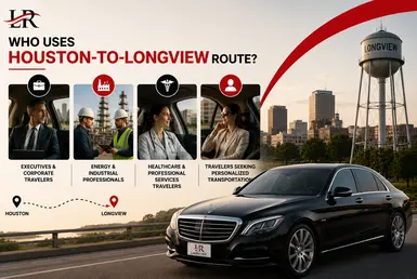 Black Mercedes-Benz S-Class providing Houston to Longview transportation for executives, industrial professionals, healthcare travelers, and personalized private travel, featuring Lavish Ride branding.