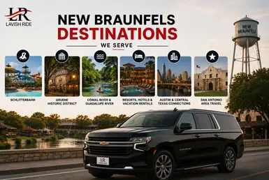 Black Chevrolet Suburban serving New Braunfels destinations, including Schlitterbahn Waterpark, Gruene Historic District, Comal and Guadalupe Rivers, resorts, hotels, and Central Texas travel connections, featuring Lavish Ride branding.