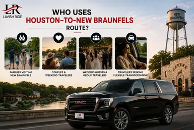 Black GMC Yukon providing Houston to New Braunfels transportation for families, couples, wedding guests, and travelers seeking flexible private transportation, featuring Lavish Ride branding.