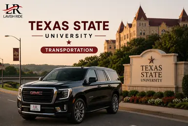 Black GMC Yukon providing transportation to Texas State University in San Marcos, featuring Lavish Ride branding, university landmarks, and private chauffeured service.