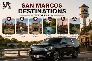 Black Ford Expedition serving San Marcos destinations, including Texas State University, San Marcos Premium Outlets, Tanger Outlets, the San Marcos River, and Central Texas travel connections, featuring Lavish Ride branding.