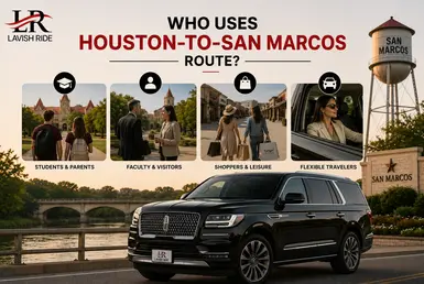 Black Lincoln Navigator providing Houston to San Marcos transportation for students, university visitors, shoppers, and travelers seeking flexible private transportation, featuring Lavish Ride branding.