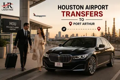 Black BMW 7 Series at Houston Hobby Airport with a professional chauffeur assisting a traveler with luggage, providing private transportation to Port Arthur and featuring Lavish Ride branding.