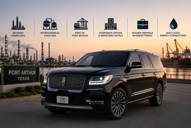 Black Lincoln Navigator serving Port Arthur destinations, including refinery complexes, petrochemical facilities, the Port of Port Arthur, corporate offices, industrial hotels, and Gulf Coast energy industry connections, featuring Lavish Ride branding.