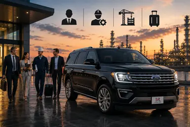 Black Ford Expedition providing Houston to Port Arthur transportation for energy executives, engineers, industrial contractors, and business travelers, featuring Lavish Ride branding and Gulf Coast industrial facilities.