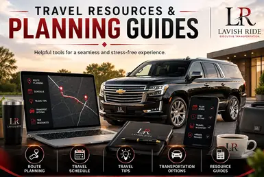 Travel resources and planning guides featuring a luxury SUV, route planning tools, travel schedules, and transportation information for seamless trip preparation.