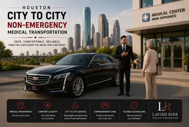 Non-emergency medical transportation featuring a professional chauffeur welcoming a passenger beside a luxury Cadillac sedan outside a medical facility for a comfortable city-to-city journey.