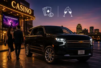 Black Chevrolet Tahoe providing Houston to Shreveport casino and entertainment transportation, featuring Lavish Ride branding, luxury nightlife destinations, waterfront entertainment venues, and private chauffeured service.