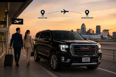 Black GMC Yukon providing airport transfers between Houston and Shreveport, featuring Lavish Ride branding, airport terminals, professional chauffeur service, and private long-distance transportation.