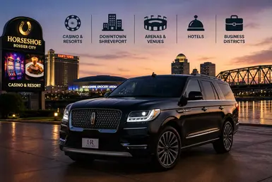 Black Lincoln Navigator serving Shreveport destinations, including casino resorts, downtown business districts, entertainment venues, riverfront attractions, and regional business travel connections, featuring Lavish Ride branding.