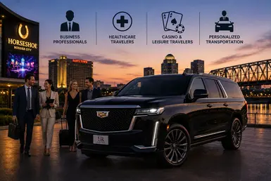 Black Cadillac Escalade providing Houston to Shreveport transportation for business executives, healthcare travelers, casino visitors, and travelers seeking personalized private transportation, featuring Lavish Ride branding and luxury chauffeured service.
