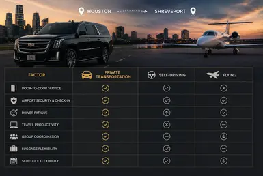 Transportation comparison between private transportation, self-driving, and flying for Houston to Shreveport travel, featuring a luxury Cadillac Escalade, private jet, and visual comparison of convenience, productivity, luggage flexibility, and schedule flexibility with Lavish Ride branding.