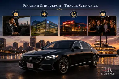 Black Mercedes-Maybach providing luxury transportation for popular Shreveport travel scenarios, including casino visits, business meetings, weekend getaways, special events, and personalized private travel, featuring Lavish Ride branding.