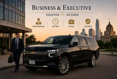 Black Chevrolet Suburban providing executive transportation between Houston and Victoria, featuring Lavish Ride branding, business travelers, corporate offices, and professional chauffeured service.
