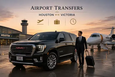Black GMC Yukon providing airport transfers between Houston and Victoria, featuring Lavish Ride branding, private aviation facilities, airport terminals, business travelers, and luxury chauffeured transportation.