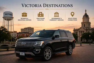 Black Ford Expedition serving Victoria destinations, including business and industrial centers, healthcare facilities, government offices, community services, and South Texas regional connections, featuring Lavish Ride branding.