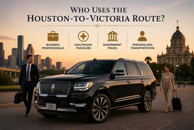 Black Lincoln Navigator providing Houston to Victoria transportation for business professionals, healthcare travelers, and government personnel, featuring Lavish Ride branding and luxury chauffeured service.