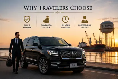 Black Lincoln Navigator providing private transportation between Houston and Port Lavaca, highlighting comfort, privacy, schedule flexibility, professional chauffeurs, and reliable luxury travel, featuring Lavish Ride branding and waterfront port scenery.