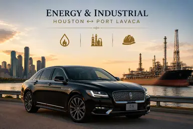 Black Lincoln Continental providing energy and industrial transportation between Houston and Port Lavaca, featuring Lavish Ride branding, refinery facilities, port operations, industrial infrastructure, and executive chauffeured service.