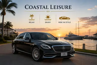 Black Mercedes-Maybach providing coastal leisure transportation to Port Lavaca, featuring Lavish Ride branding, waterfront scenery, luxury yachts, sunset views, and premium chauffeured travel for relaxing coastal getaways.