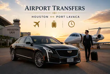 Black Cadillac luxury sedan providing airport transfers between Houston and Port Lavaca, featuring Lavish Ride branding, private aviation facilities, airport terminals, executive travelers, and premium chauffeured transportation.