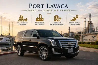 Black Cadillac Escalade serving Port Lavaca destinations, including waterfront marinas, business and industrial facilities, hotels, vacation rentals, and South Texas regional connections, featuring Lavish Ride branding and luxury chauffeured transportation.