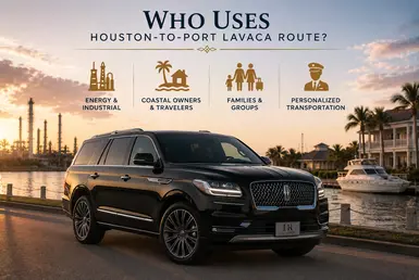 Black Lincoln Navigator providing Houston to Port Lavaca transportation for energy professionals, coastal property owners, vacation travelers, families, and travelers seeking personalized private transportation, featuring Lavish Ride branding and waterfront coastal scenery.