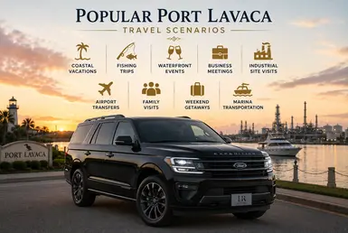 Black Ford Expedition providing transportation for popular Port Lavaca travel scenarios, including coastal vacations, fishing trips, waterfront events, business meetings, industrial site visits, airport transfers, family visits, weekend getaways, and marina transportation, featuring Lavish Ride branding.