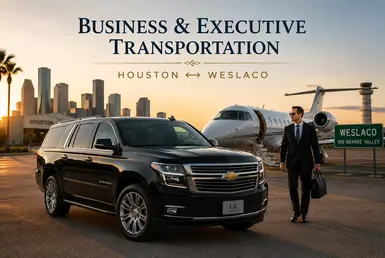 Black Chevrolet Suburban providing business and executive transportation between Houston and Weslaco, featuring Lavish Ride branding, corporate travelers, private aviation facilities, and professional chauffeured service for Rio Grande Valley travel.