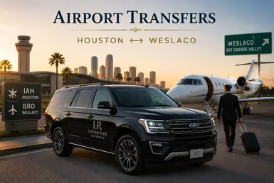 Black Ford Expedition providing airport transfers between Houston and Weslaco, featuring Lavish Ride branding, airport terminals, private aviation facilities, business travelers with luggage, and luxury chauffeured transportation for Rio Grande Valley travel.